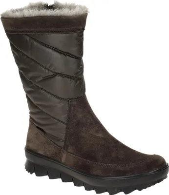 A single brown winter boot is shown against a white background.
