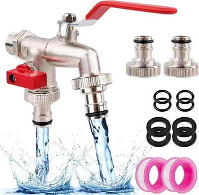 Produktbild von Famanu Gartenwasserhahn Doppelanschluss aus Messing - rost- und frostbeständig - 1/2 Zoll - mit Schlauchanschlüssen - Dichtband - Anschluss -