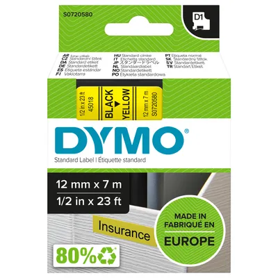 Produktbild von DYMO Original D1-Etikettenband | schwarz auf gelb | 12 mm x 7 m | selbstklebendes Schriftband | für LabelManager-Beschriftungsgerät