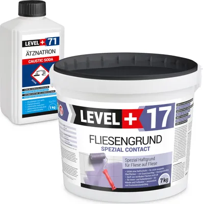 Produktbild von Fliesengrund 7kg Fliese auf Fliese Spezial-Haftgrund Quarzgrund Spezial Contact + Entfetter Reiniger Ätznatron 1kg LEVEL+ Set RM17