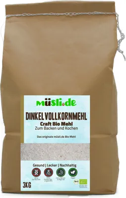 Produktbild von Biologisches Dinkelvollkornmehl von müsli.de (1x3kg), zum Backen (z.B. Brot, Brötchen, Gebäck und Kuchen) und Kochen geeignet.