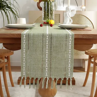 Produktbild von Tischläufer Leinen Tischwäsche Tischläufer mit Quasten Bauernhaus Tischband Tafeltuch Landhausstil Tischtuch Tisch Deko,（Grün）