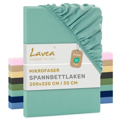 Zdjęcie produktu dla Lavea® Zestaw pościeli satynowej na materac z gumką, 200x220 cm, wykonany z mikrofibry, przeznaczony do materacy o grubości do 35 cm, oddychający i zapewniający uczucie chłodu - Eukaliptus