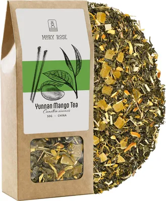 Produktbild von Mary Rose - Grüner Tee Yunnan Mango 50g - Tropisch, Erfrischend, Ausgewogen - Mit Zitronengras, Minze, Orangen-Schale - Exotischer Genuss Aus China