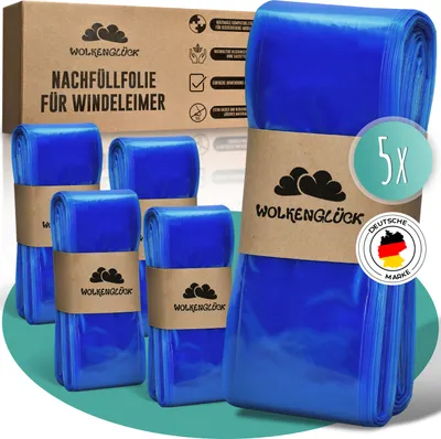 Produktbild von WOLKENGLÜCK® Windeleimer Nachfüllfolie [5er-Set in XXL-Länge] - kompatibel mit Windeleimer Nachfüllkassetten von Tommee Tippee, LittyCat, Chicco, Spross & Co. - reißfest & geruchsdicht 5