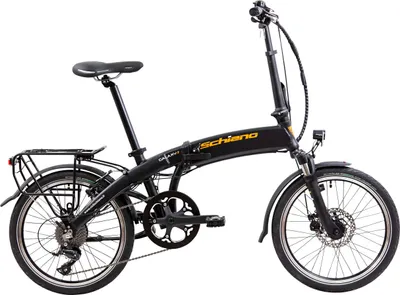 A black folding electric bicycle is shown against a white background.