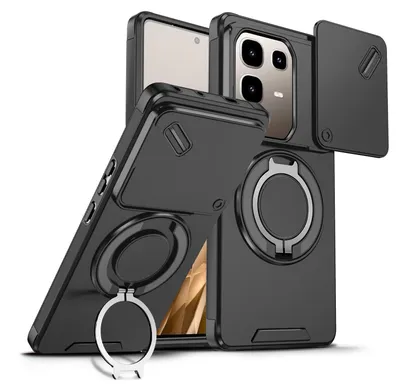 Immagine prodotto di Custodia a doppio strato per Infinix Note 50 Pro+, copertura scorrevole della fotocamera e supporto ad anello magnetico Nero