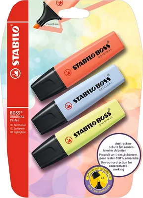 Image de Surligneur - STABILO BOSS ORIGINAL Pastel - Pack de 3 - Rouge corail, Bleu nuageux, Pincée de citron vert