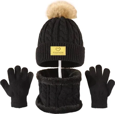 Produktbild von 3-teiliges Winterset für Kinder: Mütze, Schal, Handschuhe, Plüschbommel-Dekor, gedrehte Textur, randlose Mütze, Strickhandschuhe mit Fleecefutter, Halswärmer