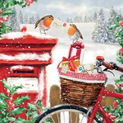 Produktbild von 20 Servietten Mail Delivery - Rotkehlchen liefern Weihnachtspost 33x33cm