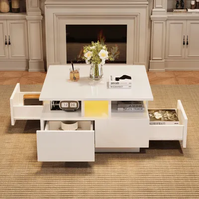 Image de OKWISH Table basse 70x70x40 cm - LED via App et 4 Tiroirs - Blanc
