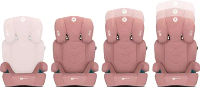 Four car seats are shown side-by-side, with the headrests of the last three progressively raised to demonstrate adjustability.