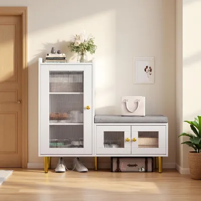Image de Armoire à chaussures avec banc intégré, 100x35x90 cm, meuble à chaussures avec assise, étagère à chaussures avec 3 portes transparentes, commode à chaussures, blanc