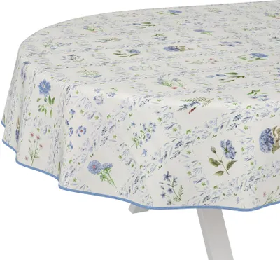 Produktbild von Tischdecke Floral Blumenkaro Blau Oval 240x140cm mit Band-Kante Wachstuch abwaschbar