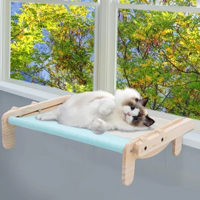 Produktbild von Katzenhängematte Fensterliege, 2-in-1 Katzenhängematte aus Holz und Katzenbett, Katzenbalkon für Fenster, Katzenliege, Fensterbank, Katze, Fenstersitze für große mehrere Katzen
