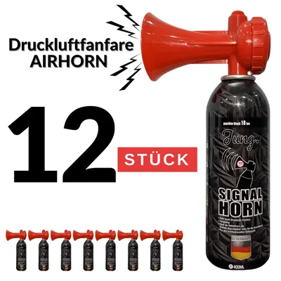 Produktbild von JUNG Druckluftfanfare Air Horn Profi Qualität 12x400ml, 120 Signale, Fanfare WM 2026 Weltmeisterschaft Warnsingnal, Hupe Tröte Drucklufthupe Gashupe