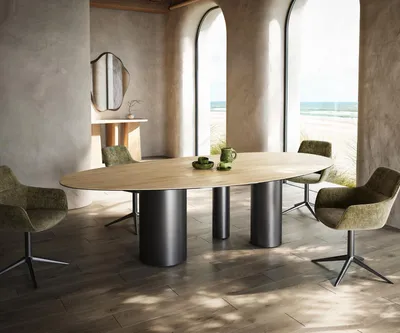 Produktbild von DELIFE Esstisch Edge Oval 280x130 Keramik Laminam® Sabbia Eichefarbig Troa Edelstahl Graphit