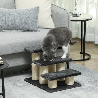 Produktbild von Hundetreppe 3-stufig mit Kratzstamm, Haustiertreppe Katzentreppe, Plüsch Spanplatte, Grau | 45x35x34 cm | 5,3 kg | rutschfest
