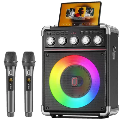 Image de Appareil de karaoké, batterie de 6 000 mAh, portable, connexion Bluetooth, lumières LED, deux microphones