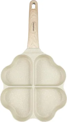 A four-heart shaped pan with a wooden handle, presented against a white background.