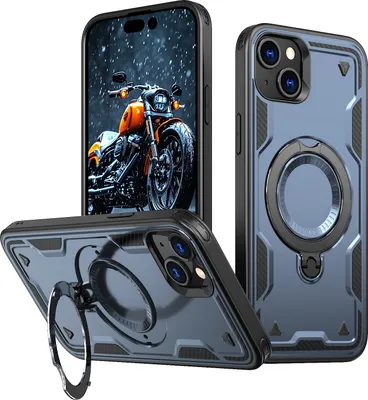 Produktbild von Dual Layer Hülle für iPhone 15 Metall Ring Ständer Magnetisch Stoßfest Militär Handyhülle Blau