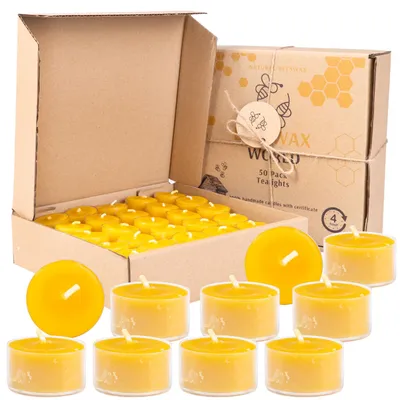 Productafbeelding van Kaarsen van 100% bijenwas – theelichtkaarsen met katoenen lonten – brandduur 4 uur – set van 10-50 kaarsen (50 stuks, transparant)