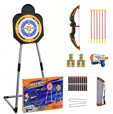 Produktbild von Bogenschieß-Set mit LED-Lichtbogen, 20 weichen Pfeilen, 6 Pfeilen, 2-in-1-Spielzeug für drinnen und draußen, geeignet für Kinder ab 3 Jahren.