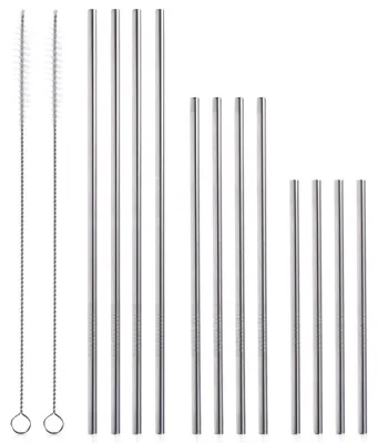 Produktbild von Edelstahl-Trinkhalme 14-teilig - 12 Strohhalme in 3 Längen - 2 Reinigungsbürsten - Wiederverwendbar