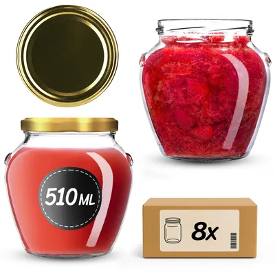Produktbild von KADAX Einmachgläser 510 ml mit Schraubdeckel fi82mm, Schraubgläser mit Deckel, Einkochgläser, Sturzgläser zum Einkochen, Einmachglas (Gold, 8 Stück)