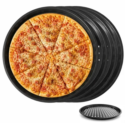 Image de Ensemble de 4 plaques à pizza rondes, antiadhésives, en acier au carbone avec des trous, de 32 cm de diamètre