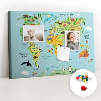 Immagine prodotto di Lavagna in sughero con puntine - Pannello con puntine per foto e appunti - 60x40 cm - Set di 100 puntine colorate - Mappa del mondo con animali
