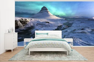 Produktbild von MuchoWow® Fototapete für Wohnzimmer oder Schlafzimmer Wandtapete Vinyl Motivtapete Das Nordlicht über dem Berg Kirkjufell - 395x220 cm - Tapezier Papier