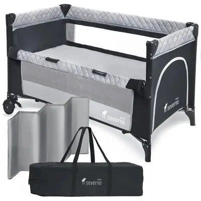 Image de Lit de voyage pour bébé - Lit pliant pour enfant 65x120 cm - 3 niveaux de hauteur - Avec matelas et moustiquaire - Entrée latérale et sac de rangement - Gris