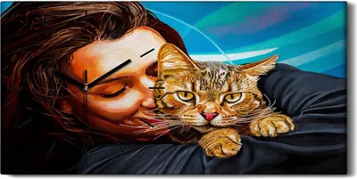 Produktbild von Wandbild Leinwand Bilder mit Uhr Geräuschlos 60x30 Frau die ihre Katze liebt - schwarze Hände