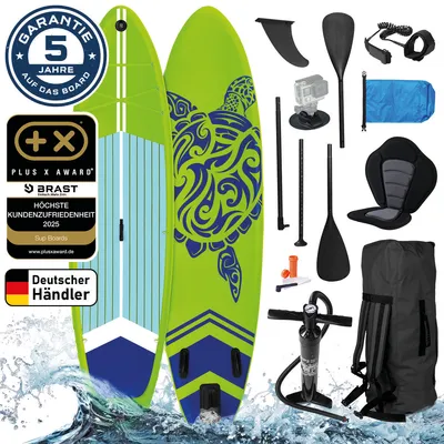 Produktbild von BRAST SUP Board Turtle | Aufblasbares Stand up Paddle Set | 320x81x15cm | 4 Designs | inkl. Sonderzubehör | 2in1 Paddel Kajak-Sitz Action-Cam-Halterung Fußschlaufe | Grün
