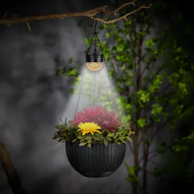 Productafbeelding van Hangende LED-zonne-tuinverlichting – bloempot – zwart – kunststof – 26 x 16 cm – 1 stuk [11733]