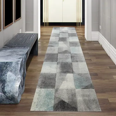 Image de Tapis de salon à carreaux abstraits gris bleu Taille - 80 x 300 cm
