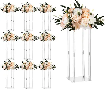 Produktbild von SucceBuy Hochzeitsblumenständer 220x220x500mm, 10 Stück Blumenhocker mit Acrylablage, zylindrische und kubische Pflanzenhalter für Feiern, Geburtstage, Zuhause und Tischdekoration