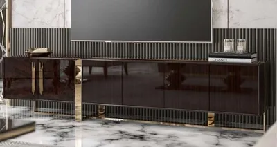 Produktbild von Casa Padrino Luxus Art Deco TV Schrank Dunkelbraun Hochglanz / Gold - Edler Wohnzimmer Fernsehschrank mit 6 Türen - Art Deco Möbel