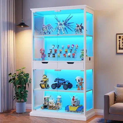 Obrázek produktu pro Vitrína se skleněnými dvířky, výška 174 cm, vitrínová skříň, 4skleněné police, stojací vitrína s RGB LED osvětlením a ovládáním přes aplikaci, senzor, 2 zásuvky, vitrína pro sbírky do obývacího pokoje, bílá barva