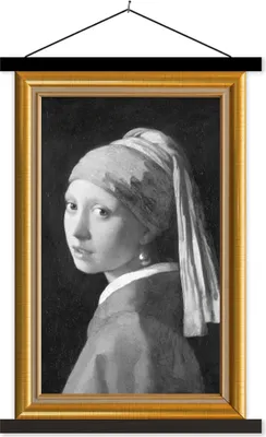Produktbild von MuchoWow® Textilposter Mädchen mit einem Perlenohrring - Vermeer - Liste - Gold 40x60 cm mit schwarzem Rahmen - Wanddekorationen