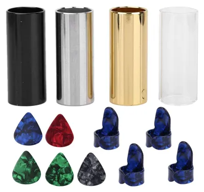 Imagen del producto de Juego de toboganes para guitarra de metal, juego de púas de plástico con forma de dedos para guitarra, con estuche de almacenamiento
