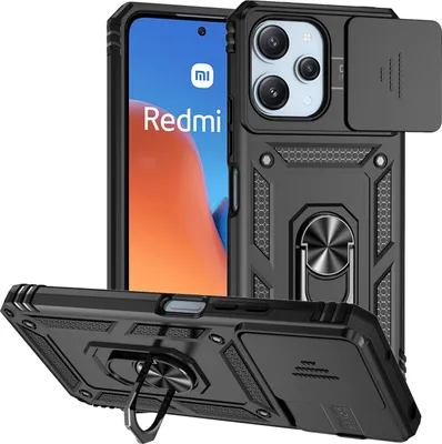 Immagine prodotto di Custodia per Xiaomi Poco M6 Pro 5G/Redmi 12/Redmi 12 5G a doppio strato con copertura scorrevole della fotocamera e supporto ad anello nero