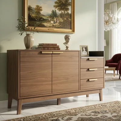 Produktbild von Wohnzimmer Kommode Eiche Nachbildung Marmor-Optik offene Ablage 3 Schubladen Doppeltürschrank höhenverstellbar Massivholzbeine 120x77x40
