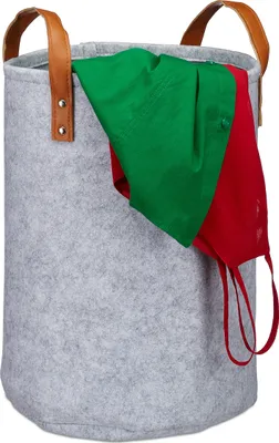 Immagine prodotto di Cesto portabiancheria Relaxdays, in feltro, manici in pelle PU, cesto portaoggetti da 28 l per cameretta dei bambini o bagno, A x P 45 x 30 cm, grigio