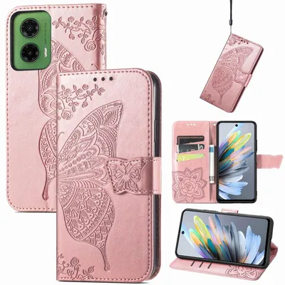 Produktbild von Für Motorola Moto G35 Kunstleder Wallet Handy Tasche Schmetterling Design Hülle Etuis Rosa