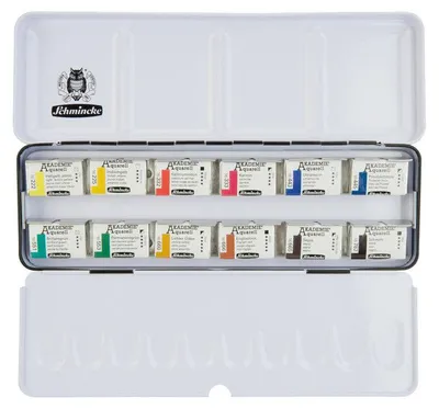 Produktbild von Schmincke AKADEMIE Aquarell Aquarellfarben-Set im Metallkasten, 12 ganze Näpfchen
