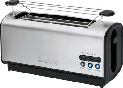 A stainless steel Clatronic 4-slice long-slot toaster with a black base and control panel.
