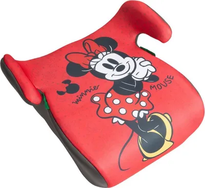 Produktbild von Tataway Disney Minnie Kindersitzerhöhung i-Size ECE R129/03. Kindersitzerhöhung für Kinder von 126 bis 150 cm Größe. Sitzerhöhung mit Minnie-Grafiken, Kindersitz auf rotem Hintergrund.