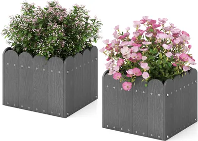 Image de COSTWAY Bac à fleurs 2 pièces résistant aux intempéries avec trous d'évacuation, bac à plantes HDPE rectangulaire, plateau surélevé, pot de fleurs 32x30x25cm Gris